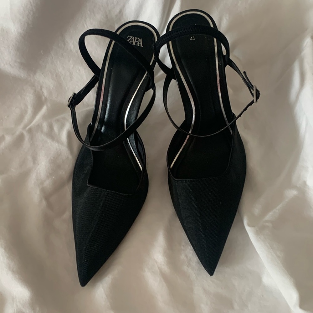 Zara black sling back heel shoes mesh front